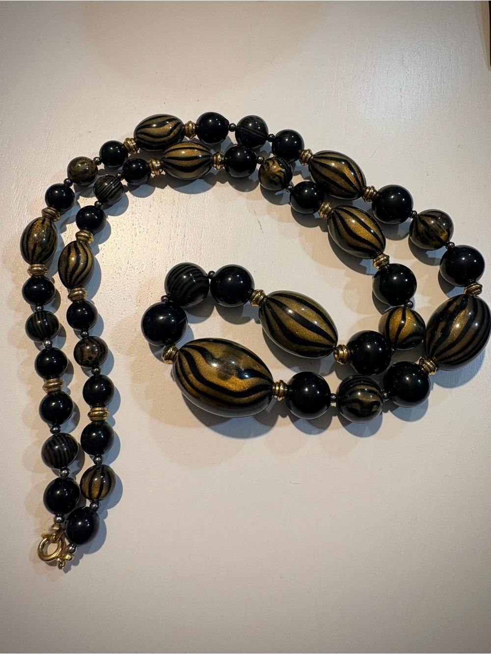 Vintage Gold and Black Striped Statement Bead Necklace - Picture 2 of 3
